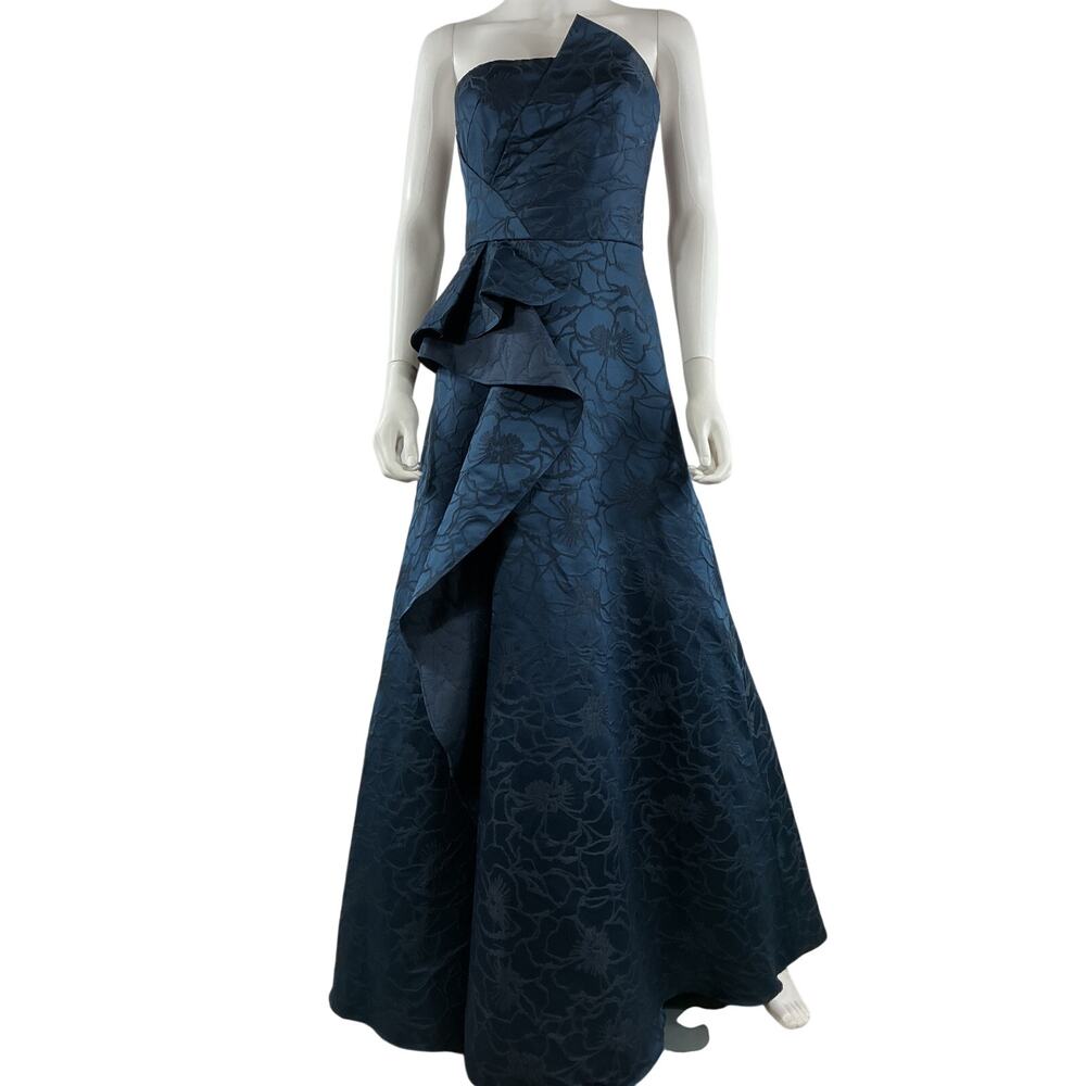 Ml Monique Lhuillier Elegant Blue Sea Floral Jacquard Ballgown Size 2 - Picture 2 of 4